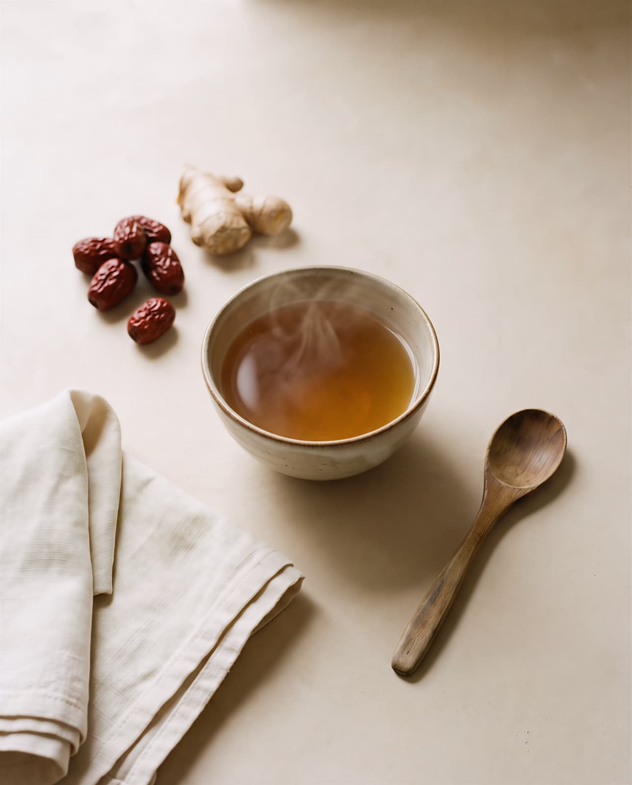 A handcrafted ceramic bowl of steaming ginger tea beside red dates, fresh ginger, a folded linen napkin, and a wooden spoon — still life evoking the nourishment of the Chinese Golden Month.